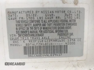 2022 Nissan Versa SV with VIN 3N1CN8EV4NL839437, listed as a IAAI auction lot 42235889 with 46,138 mi miles and . Bid and sale history available at DreamBid. Image 9.