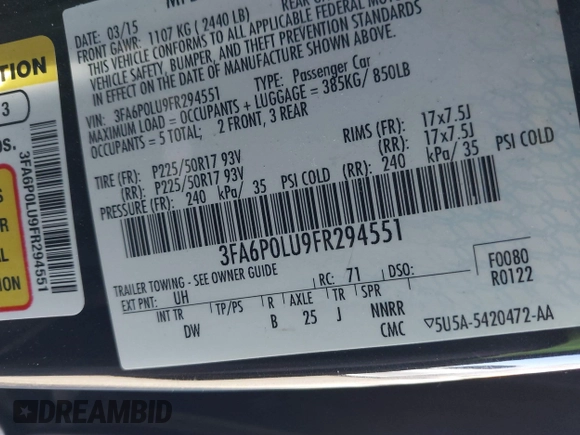 2015 Ford Fusion SE Hybrid with VIN 3FA6P0LU9FR294551, listed as a IAAI auction lot 41545007 with 179,906 mi miles. Bid and sale history available at carsss.com. Image 9.