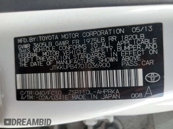 2013 Scion xD with VIN JTKKUPB47D1036900, listed as a Copart auction lot 54067225 with 169,497 mi miles and Clean Title. Bid and sale history available at DreamBid. Image 13.
