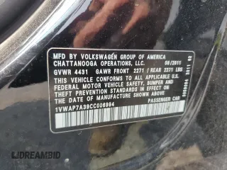 2012 Volkswagen Passat S with VIN 1VWAP7A39CC006994, listed as a Copart auction lot 59268465 with 180,500 mi miles and Salvage title. Bid and sale history available at DreamBid. Image 12.