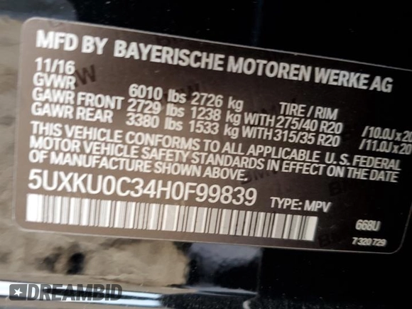 2017 BMW X6 sDrive35i with VIN 5UXKU0C34H0F99839, listed as a Copart auction lot 39993974 with 48,893 mi miles. Bid and sale history available at carsss.com. Image 13.
