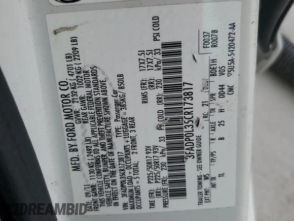 2012 Ford Fusion Hybrid with VIN 3FADP0L35CR173817, listed as a Copart auction lot 62750055 with 145,655 mi miles and Clean title. Bid and sale history available at DreamBid. Image 12.