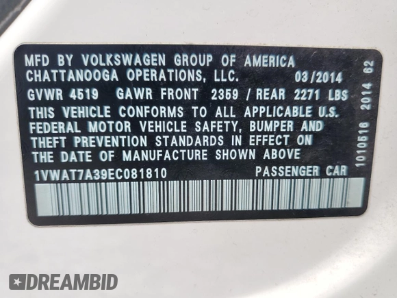 2014 Volkswagen Passat Wolfsburg Edition with VIN 1VWAT7A39EC081810, listed as a Copart auction lot 62676645 with 121,642 mi miles and Salvage title. Bid and sale history available at DreamBid. Image 12.