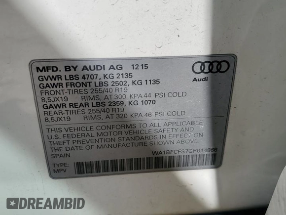 2016 Audi Q3 Premium Plus with VIN WA1BFCFS7GR014866, listed as a Copart auction lot 52479085 with 107,570 mi miles and Salvage title. Bid and sale history available at DreamBid. Image 15.