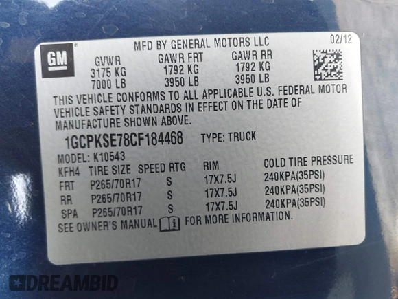 2012 Chevrolet Silverado 1500 LT with VIN 1GCPKSE78CF184468, listed as a IAAI auction lot 42081653 with 159,652 mi miles and . Bid and sale history available at DreamBid. Image 9.