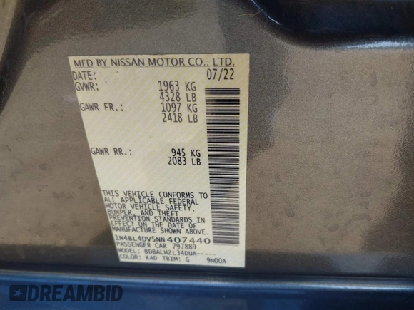 2022 Nissan Altima SV z VIN 1N4BL4DV5NN407440, wystawiony jako IAAI lot #41758671 z przebiegiem 33 889 mil mil oraz . Historia ofert i sprzedaży dostępna na DreamBid. Obrazek 9.