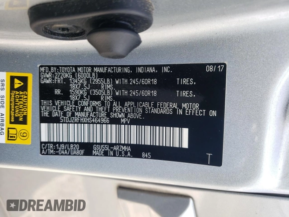 2017 Toyota Highlander XLE с VIN 5TDJZRFHXHS464966, выставлен на аукционе Copart как лот 64739515 с пробегом 115 053 миль миль и Списание • Salvage title. История ставок и продаж доступна на DreamBid. Изображение 13.