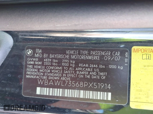 2008 BMW 3 Series 335i with VIN WBAWL73568PX51914, listed as a IAAI auction lot 41987366 with 135,640 mi miles and . Bid and sale history available at carsss.com. Image 9.