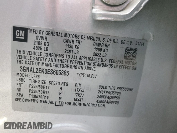2014 Chevrolet Captiva Sport LS with VIN 3GNAL2EK0ES605385, listed as a Copart auction lot 79146574 with Not Provided miles and Non Repairable. Bid and sale history available at DreamBid. Image 13.