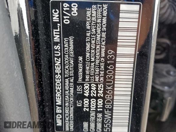 2019 Mercedes-Benz C 300 with VIN 55SWF8DB6KU306139, listed as a Copart auction lot 61491765 with Not provided miles and Clean title. Bid and sale history available at DreamBid. Image 13.