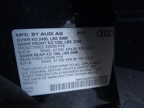 2024 Audi Q5 S line Prestige with VIN WA1FAAFY1R2090698, listed as a IAAI auction lot 41273717 with 8,684 mi miles and . Bid and sale history available at DreamBid. Image 9.