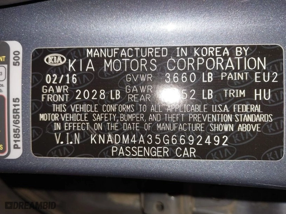 2016 Kia Rio LX with VIN KNADM4A35G6692492, listed as a IAAI auction lot 41623039 with NaN miles. Bid and sale history available at carsss.com. Image 9.