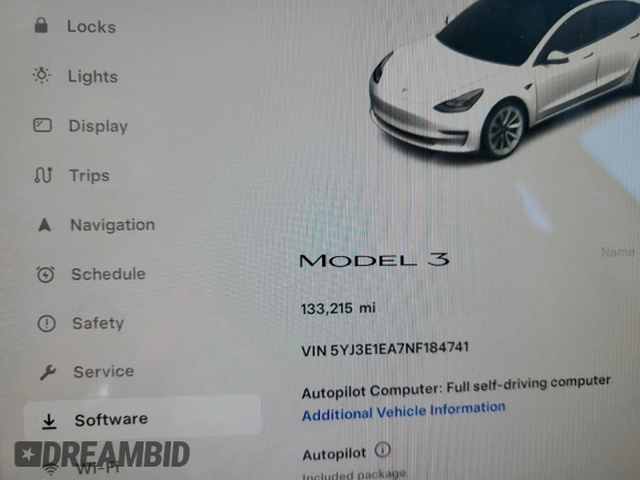 2022 Tesla Model 3 with VIN 5YJ3E1EA7NF184741, listed as a Copart auction lot 82487494 with 133,215 mi miles and Clean Title. Bid and sale history available at DreamBid. Image 9.