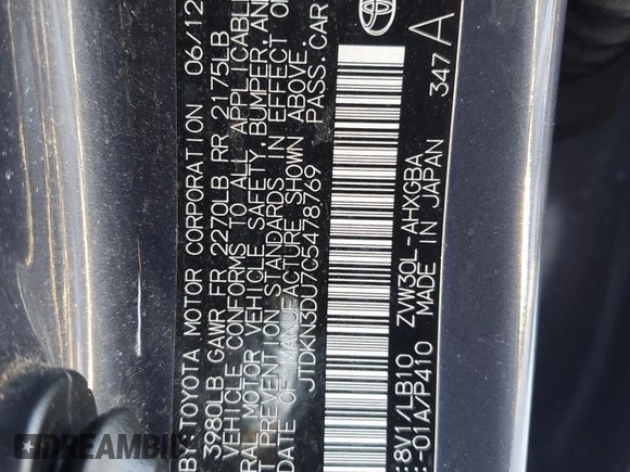 2012 Toyota Prius One with VIN JTDKN3DU7C5478769, listed as a Copart auction lot 87117994 with 190,212 mi miles and Clean Title. Bid and sale history available at carsss.com. Image 12.