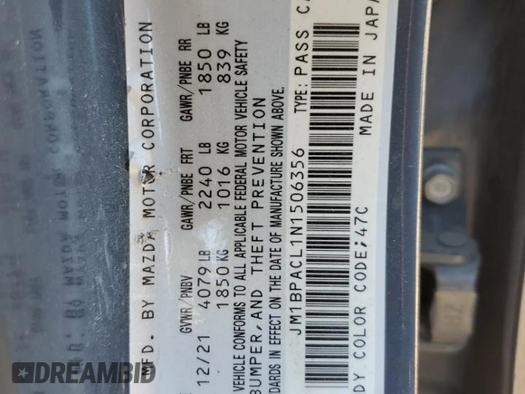 2022 Mazda 3 Carbon Edition z VIN JM1BPACL1N1506356, wystawiony jako Copart lot #58228434 z przebiegiem 96 855 mil mil oraz Szkoda całkowita • Salvage title. Historia ofert i sprzedaży dostępna na DreamBid. Obrazek 12.