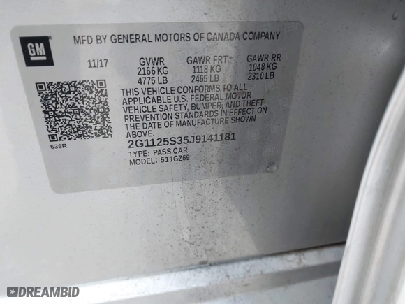 2018 Chevrolet Impala Premier with VIN 2G1125S35J9141181, listed as a IAAI auction lot 41554013 with 108,549 mi miles. Bid and sale history available at carsss.com. Image 9.