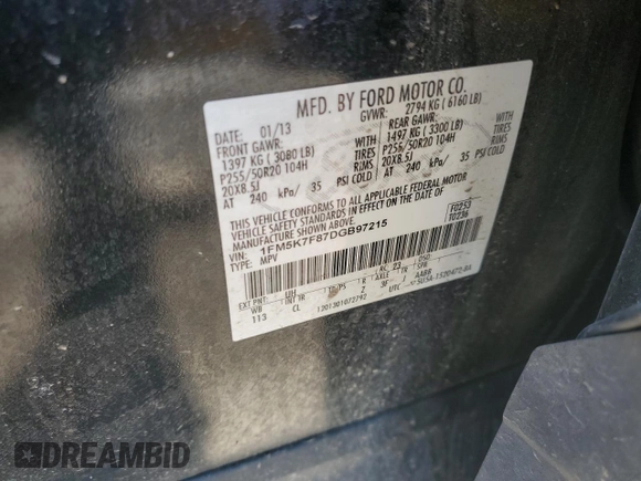 2013 Ford Explorer Limited z VIN 1FM5K7F87DGB97215, wystawiony jako Copart lot #56570215 z przebiegiem Nie podano mil oraz Szkoda całkowita • Salvage title. Historia ofert i sprzedaży dostępna na DreamBid. Obrazek 13.