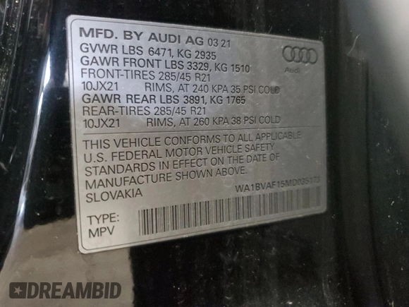 2021 Audi Q8 Premium Plus with VIN WA1BVAF15MD035173, listed as a Copart auction lot 42210225 with 55,389 mi miles and Clean Title. Bid and sale history available at carsss.com. Image 13.