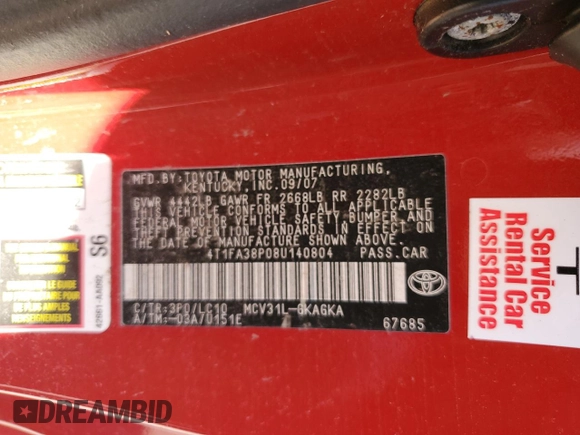2008 Toyota Solara SE with VIN 4T1FA38P08U140804, listed as a Copart auction lot 76177634 with Not Provided miles and Non Repairable. Bid and sale history available at DreamBid. Image 13.