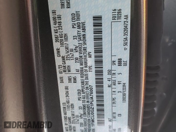 2023 Ford Escape Active with VIN 1FMCU0GZ1PUA76007, listed as a Copart auction lot 41665885 with 19,807 mi miles and Clean Title. Bid and sale history available at DreamBid. Image 13.