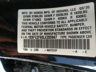 2020 Honda Civic Sedan LX with VIN 19XFC2F65LE205947, listed as a IAAI auction lot 33199503 with 1 mi miles. Bid and sale history available at carsss.com. Image 9.