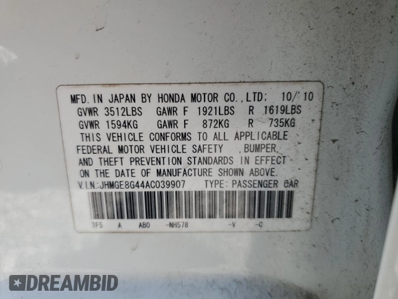 2010 Honda Fit Sport with VIN JHMGE8G44AC039907, listed as a Copart auction lot 53267125 with Not provided miles and Salvage title. Bid and sale history available at DreamBid. Image 14.