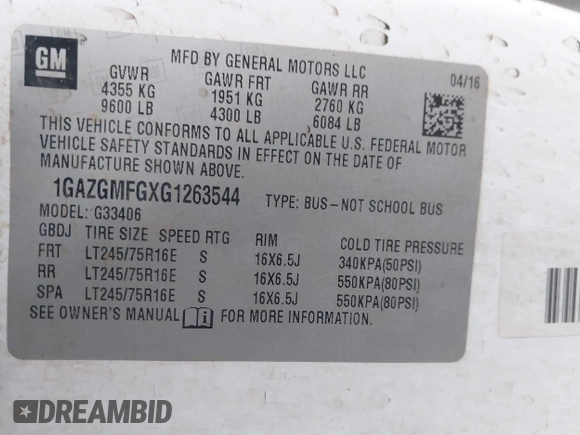2016 Chevrolet Express Passenger LT with VIN 1GAZGMFGXG1263544, listed as a IAAI auction lot 41491282 with 127,232 mi miles and . Bid and sale history available at DreamBid. Image 9.