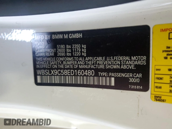 2014 BMW M6 z VIN WBSLX9C58ED160480, wystawiony jako Copart lot #64464985 z przebiegiem 58 514 mil mil oraz Czysty tytuł • Clean title. Historia ofert i sprzedaży dostępna na DreamBid. Obrazek 13.