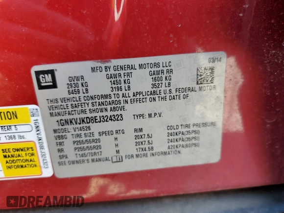 2014 Chevrolet Traverse LTZ z VIN 1GNKVJKD8EJ324323, wystawiony jako Copart lot #51430325 z przebiegiem 141 209 mil mil oraz Szkoda całkowita • Salvage title. Historia ofert i sprzedaży dostępna na DreamBid. Obrazek 15.