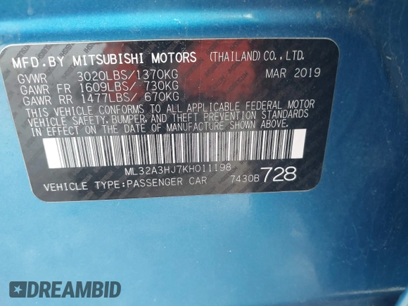 2019 Mitsubishi Mirage ES with VIN ML32A3HJ7KH011198, listed as a IAAI auction lot 42528952 with 106,709 mi miles and . Bid and sale history available at DreamBid. Image 9.