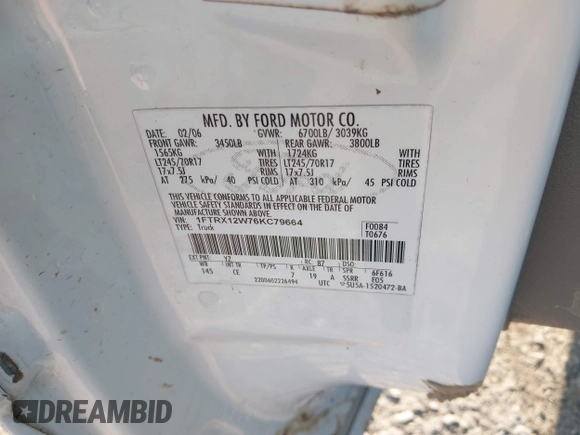 2006 Ford F-150 STX with VIN 1FTRX12W76KC79664, listed as a IAAI auction lot 42438338 with Not provided miles and . Bid and sale history available at DreamBid. Image 9.