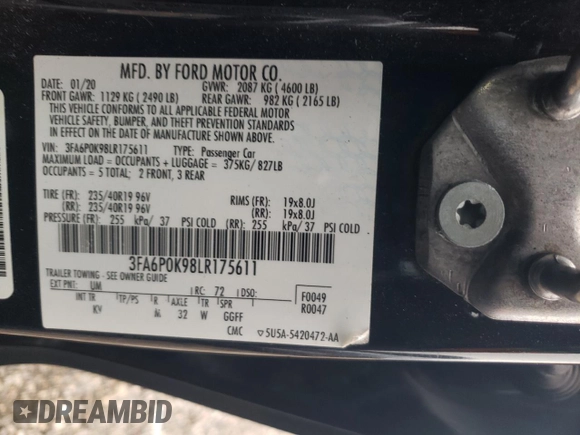 2020 Ford Fusion Titanium with VIN 3FA6P0K98LR175611, listed as a Copart auction lot 46070785 with 107,909 mi miles and Salvage title. Bid and sale history available at DreamBid. Image 12.