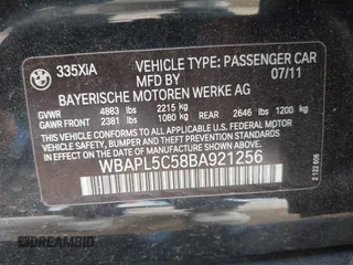 2011 BMW 3 Series 335i xDrive with VIN WBAPL5C58BA921256, listed as a IAAI auction lot 42251130 with 123,367 mi miles and . Bid and sale history available at DreamBid. Image 9.