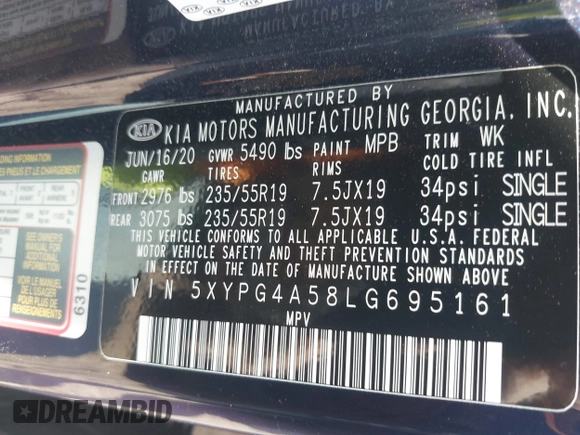 2020 Kia Sorento S z VIN 5XYPG4A58LG695161, wystawiony jako IAAI lot #42060397 z przebiegiem 49 573 mil mil oraz . Historia ofert i sprzedaży dostępna na DreamBid. Obrazek 9.