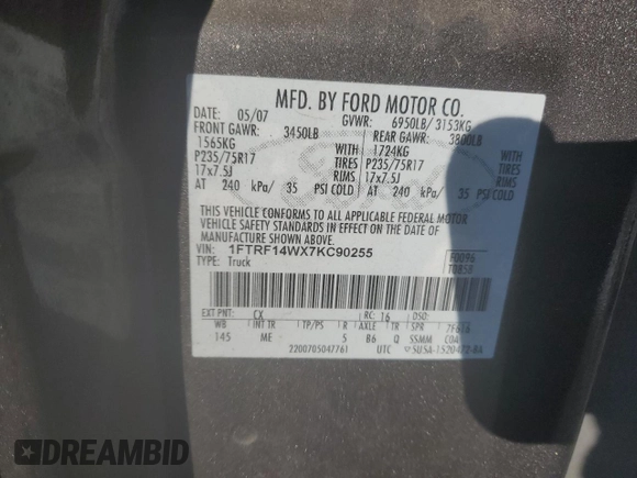 2007 Ford F-150 XL with VIN 1FTRF14WX7KC90255, listed as a Copart auction lot 41750525 with 182,655 mi miles and Salvage title. Bid and sale history available at DreamBid. Image 14.