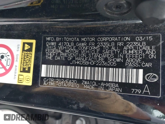 2015 Lexus CT 200h с VIN JTHKD5BH0F2236205, выставлен на аукционе IAAI как лот 42366776 с пробегом 176 506 миль миль и . История ставок и продаж доступна на DreamBid. Изображение 9.
