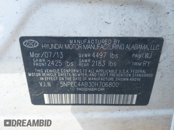 2013 Hyundai Sonata Limited with VIN 5NPEC4AB3DH706800, listed as a IAAI auction lot 41481822 with 205,903 mi miles and . Bid and sale history available at carsss.com. Image 9.