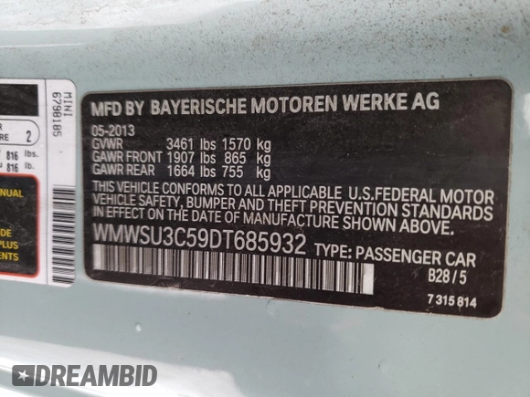2013 MINI Cooper Hardtop with VIN WMWSU3C59DT685932, listed as a Copart auction lot 44947165 with 134,350 mi miles and Salvage Title. Bid and sale history available at carsss.com. Image 14.