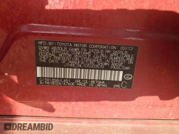 2013 Lexus GS 350 z VIN JTHBE1BL1D5003570, wystawiony jako Copart lot #52461275 z przebiegiem 129 181 mil mil oraz Szkody całkowita. Historia ofert i sprzedaży dostępna na DreamBid. Obrazek 15.