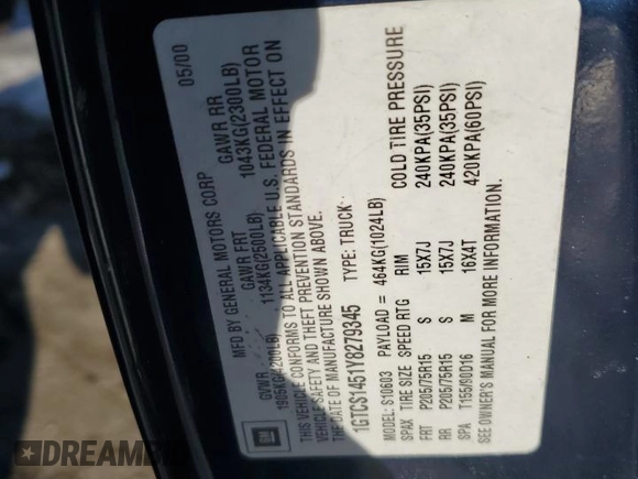 2000 GMC Sonoma SLS w/1SE Pkg with VIN 1GTCS1451Y8279345, listed as a Copart auction lot 88994875 with 105,917 mi miles and Salvage Title. Bid and sale history available at carsss.com. Image 14.
