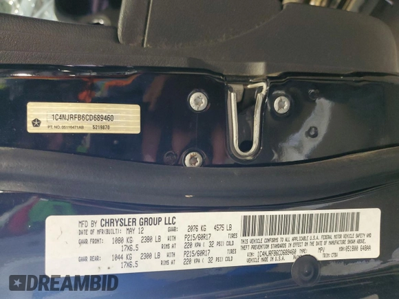 2012 Jeep Patriot Latitude with VIN 1C4NJRFB6CD689460, listed as a Copart auction lot 45780575 with 168,975 mi miles and Salvage Title. Bid and sale history available at carsss.com. Image 15.