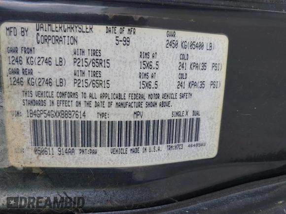 1999 Dodge Grand Caravan with VIN 1B4GP54GXXB897614, listed as a IAAI auction lot 42141997 with 157,698 mi miles and . Bid and sale history available at DreamBid. Image 9.