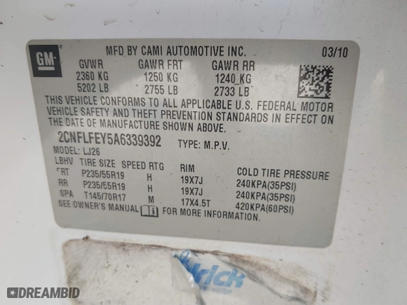 2010 Chevrolet Equinox LTZ with VIN 2CNFLFEY5A6339392, listed as a IAAI auction lot 41446304 with 138,461 mi miles. Bid and sale history available at carsss.com. Image 9.