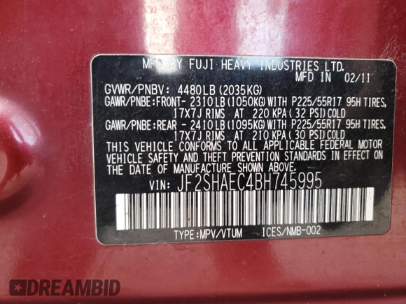 2011 Subaru Forester 2.5X Limited with VIN JF2SHAEC4BH745995, listed as a Copart auction lot 50982145 with 188,953 mi miles and Salvage Title. Bid and sale history available at carsss.com. Image 14.