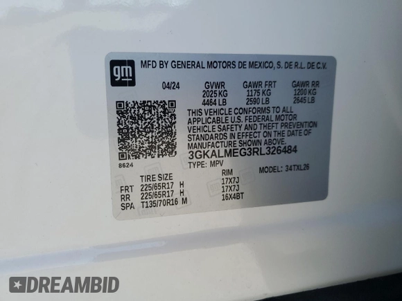 2024 GMC Terrain SLE with VIN 3GKALMEG3RL326484, listed as a Copart auction lot 58089895 with 14,497 mi miles and Salvage title. Bid and sale history available at DreamBid. Image 14.