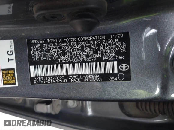 2022 Toyota Prius L Eco with VIN JTDKAMFU3N3190079, listed as a IAAI auction lot 41771356 with 52,607 mi miles and . Bid and sale history available at DreamBid. Image 9.