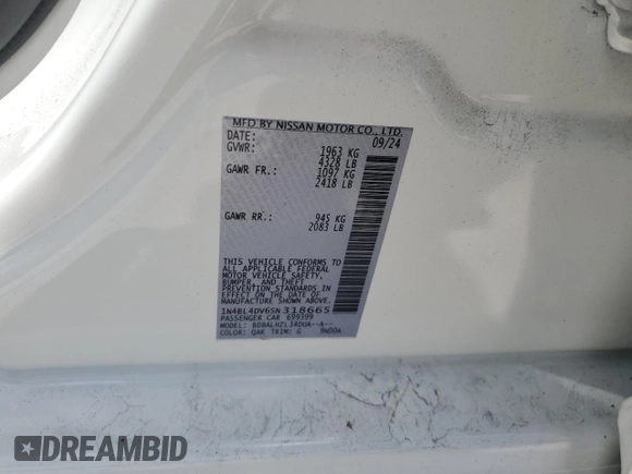 2025 Nissan Altima SV with VIN 1N4BL4DV6SN318665, listed as a Copart auction lot 52883365 with 6,284 mi miles and Non Repairable. Bid and sale history available at DreamBid. Image 12.