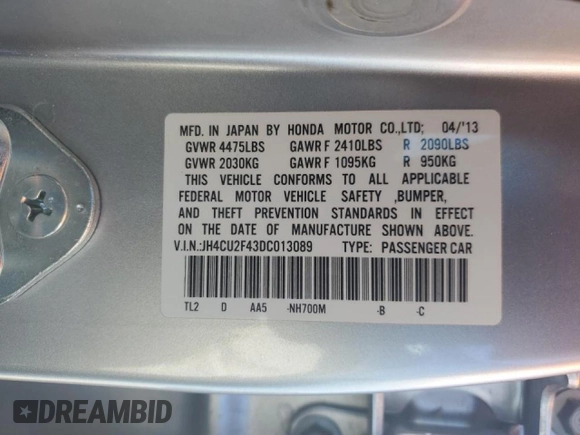 2013 Acura TSX with VIN JH4CU2F43DC013089, listed as a Copart auction lot 45604945 with 82,526 mi miles and Salvage Title. Bid and sale history available at carsss.com. Image 12.