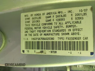 2008 Honda Accord EX with VIN 1HGCP26758A025380, listed as a IAAI auction lot 42215386 with Not Provided miles and . Bid and sale history available at DreamBid. Image 9.