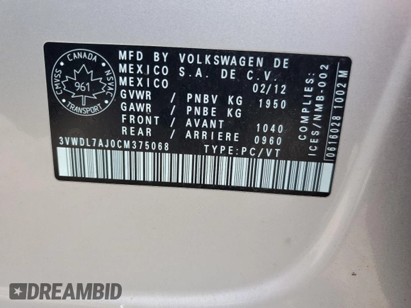 2012 Volkswagen Jetta Comfortline with VIN 3VWDL7AJ0CM375068, listed as a Copart auction lot 57349685 with 370,214 mi miles and Salvage title. Bid and sale history available at DreamBid. Image 12.